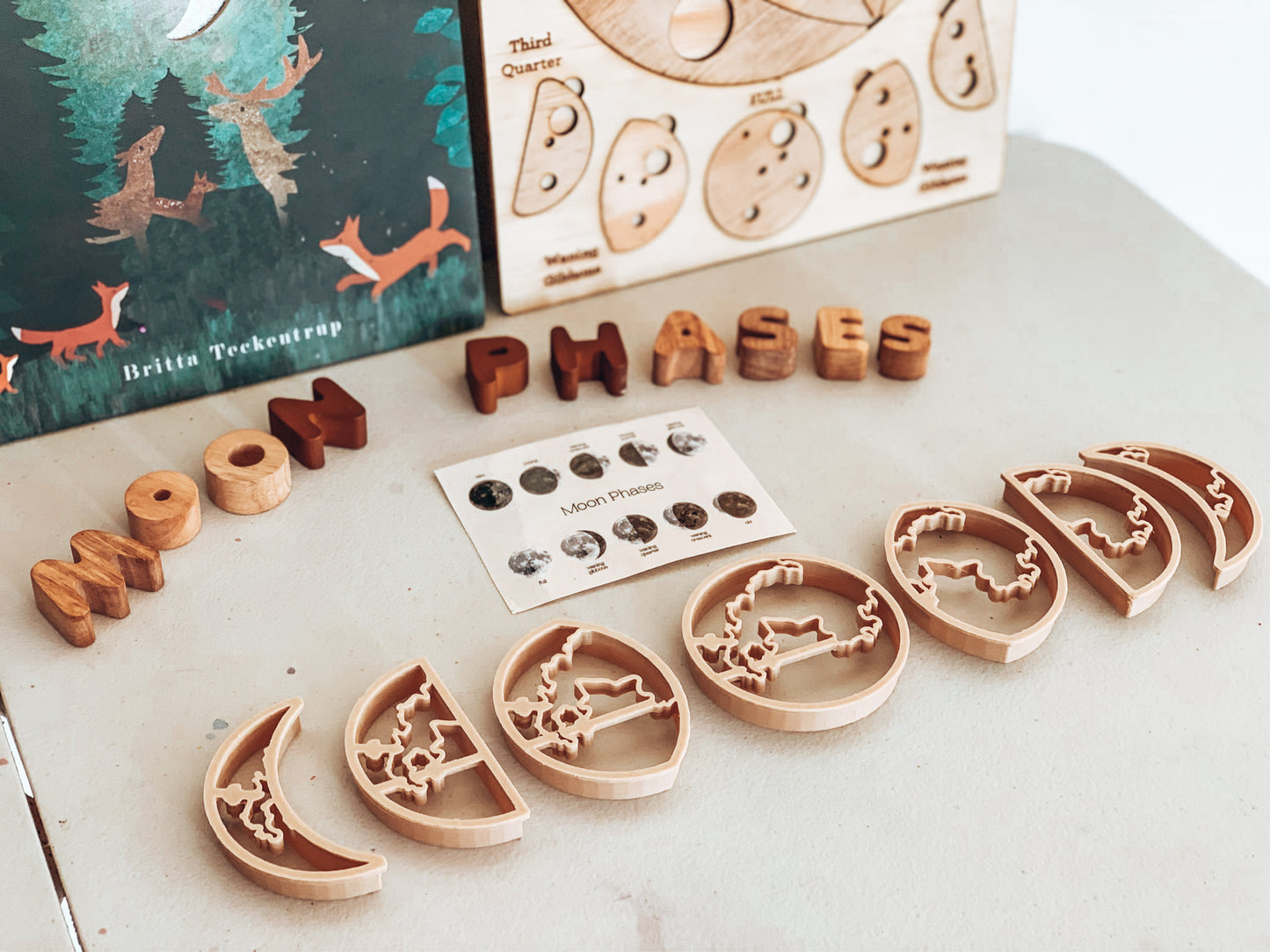 Eco dough cutters in moon phase design, educational play set, non-toxic, sustainable materials, and graphics card for gift ideas.