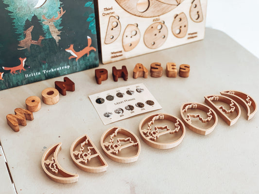 Eco dough cutters in moon phase design, educational play set, non-toxic, sustainable materials, and graphics card for gift ideas.